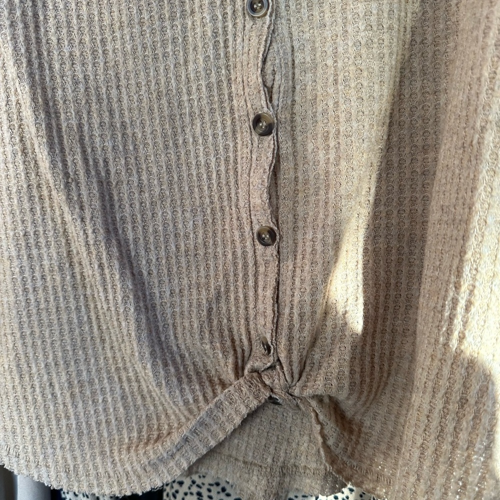 Beige Ribbed Button-Front Knit Top - Picture 2 of 4